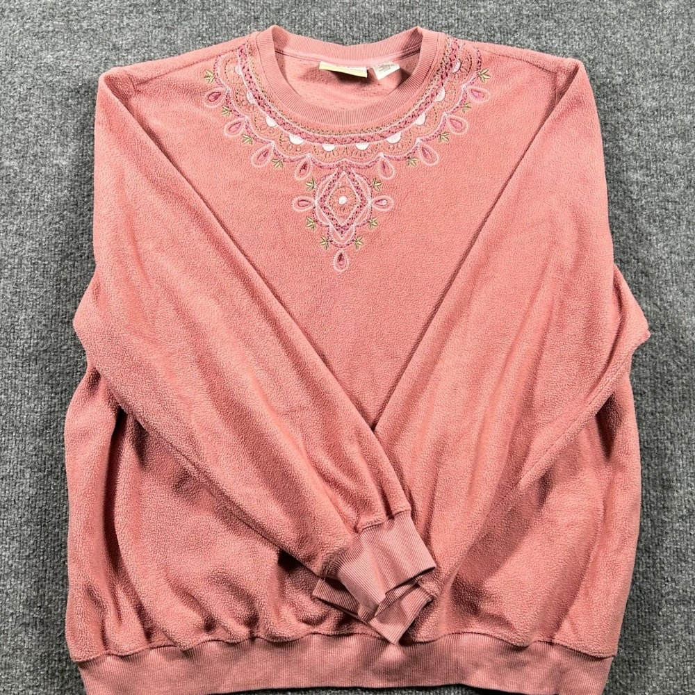 Alfred Dunner Sweatshirt Womens Size 1X Pink Fleece Embroidered Beaded Pullover